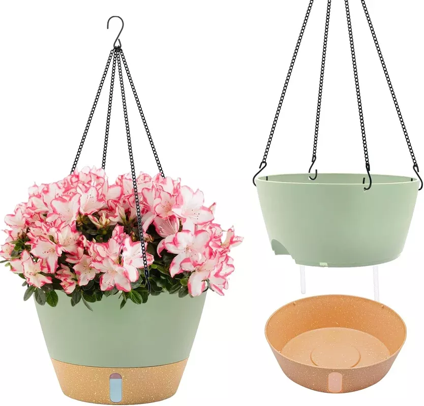 zmtech-12-inch-large-hanging-planters-indoor-2-pack-self-watering-plant-pot-outd ZMTECH 12 Inch Large Hanging planters for Indoor, 2 Pack Self Watering Plant Pot for Outdoor Garden Porch, Hanging Flower Pot with Visible Water Level & Removable Tray(12Inch, Green)