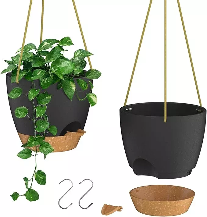 zmtech-6-5-inch-hanging-planters-indoor-outdoor-plants-2-pack-self-watering-hang ZMTECH 6.5 Inch Hanging Planters for Indoor Outdoor Plants, 2 Pack Self Watering Hanging Plant Pots with Drainage Holes and Removable Saucer, Plastic Flower Hanging Pots with Watering Lip (Black)