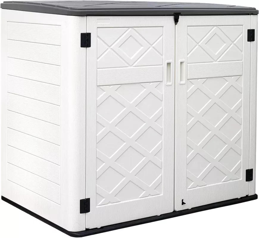 zzm-large-outdoor-storage-shed-48-cu-ft-resin-versatile-storage-cabinet-patio-ac ZZM Large Outdoor Storage Shed, 48 Cu Ft Resin Versatile Storage Cabinet for Patio Accessories, Trash Cans & Garden Tools, Durable Horizontal Storage Box with Lockable Lid (White)